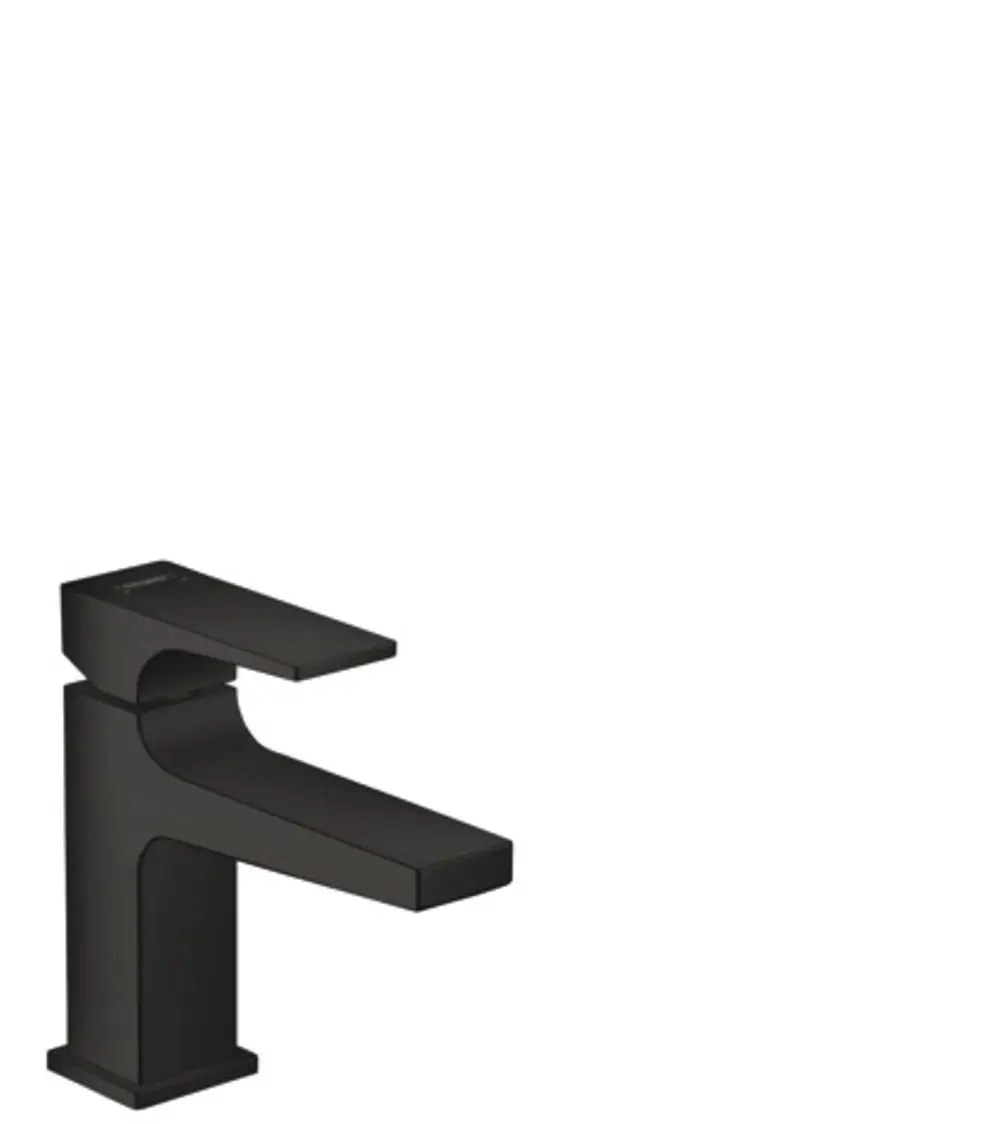 Hansgrohe Waschtischmischer in mattschwarz, mit einem Hebelgriff und einem flachen Auslauf, geeignet für Handwaschbecken, ausgestattet mit Push-Open Ablaufgarnitur.